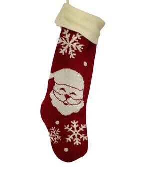 Knit Christmas Stocking With Santa & Snowflakes Design Red & White Holiday Decor